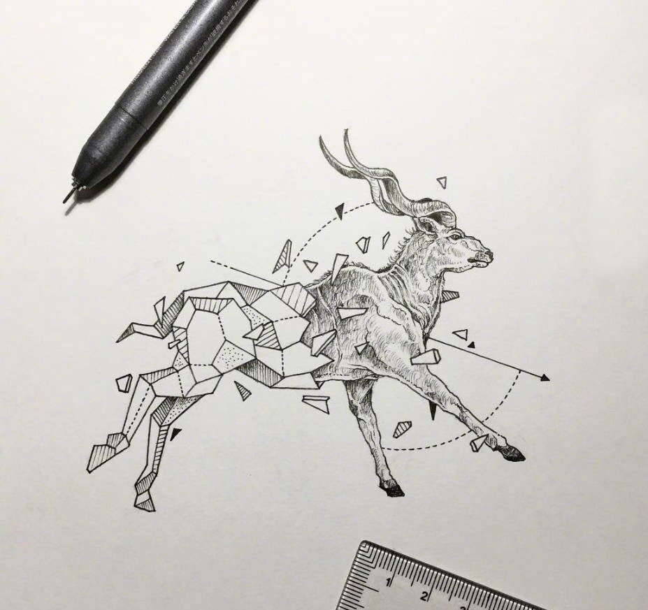 黑灰素描创意几何元素麋鹿纹身手稿