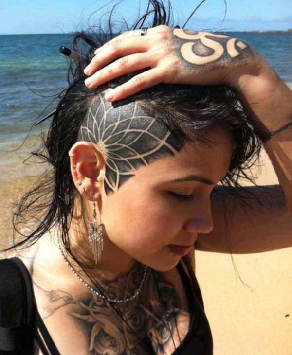 多款帅气的黑色点刺抽象线条头部纹身图案