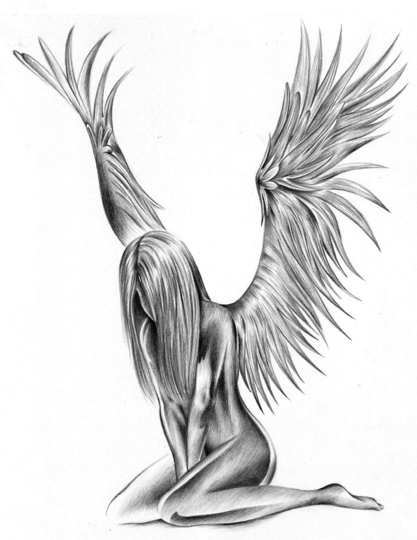 黑灰素描创意唯美天使翅膀女生人物纹身手稿