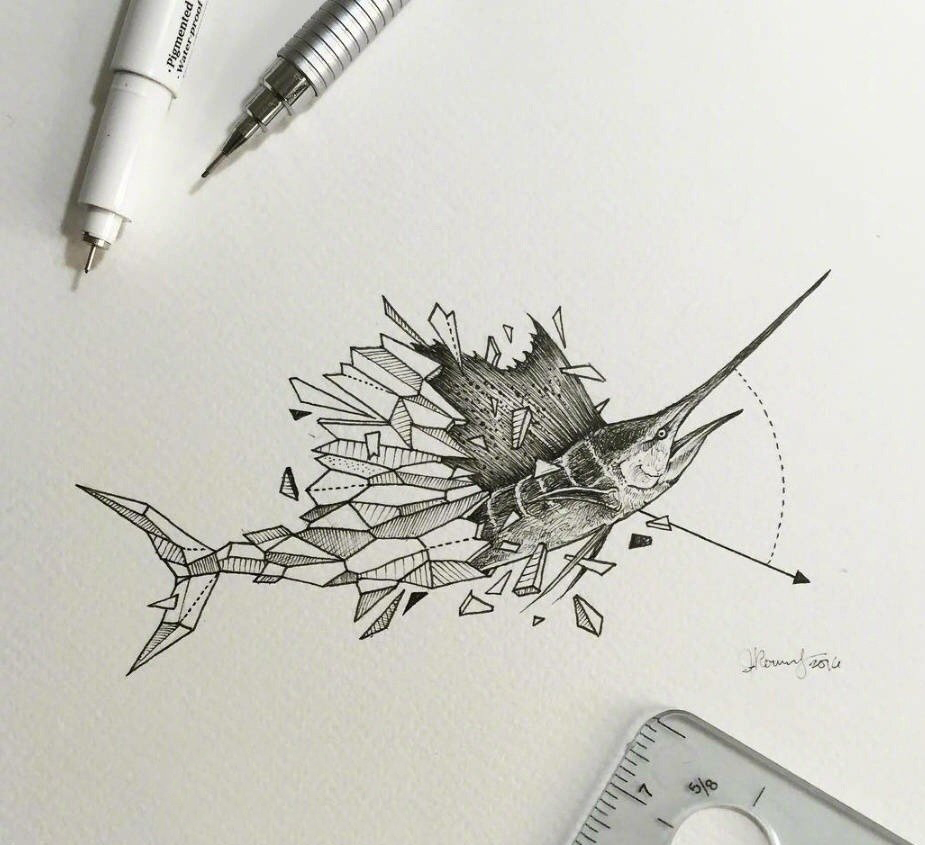 黑灰素描创意几何元素龙虾纹身手稿