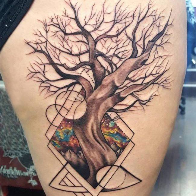 女生大腿上黑灰素描点刺技巧创意生命树纹身图片