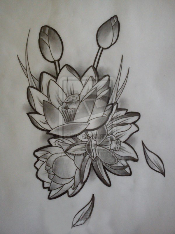 纯洁无暇的黑色抽象线条植物莲花纹身手稿