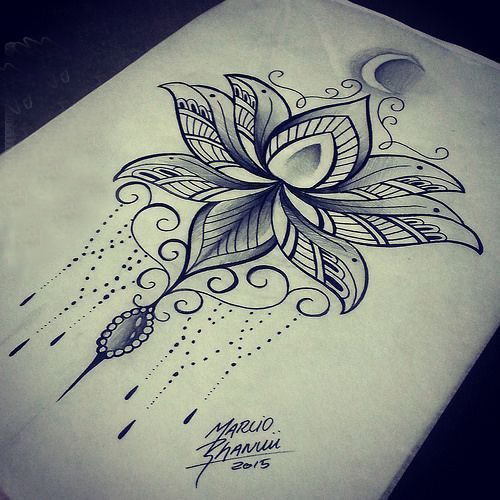 纯洁无暇的黑色抽象线条植物莲花纹身手稿