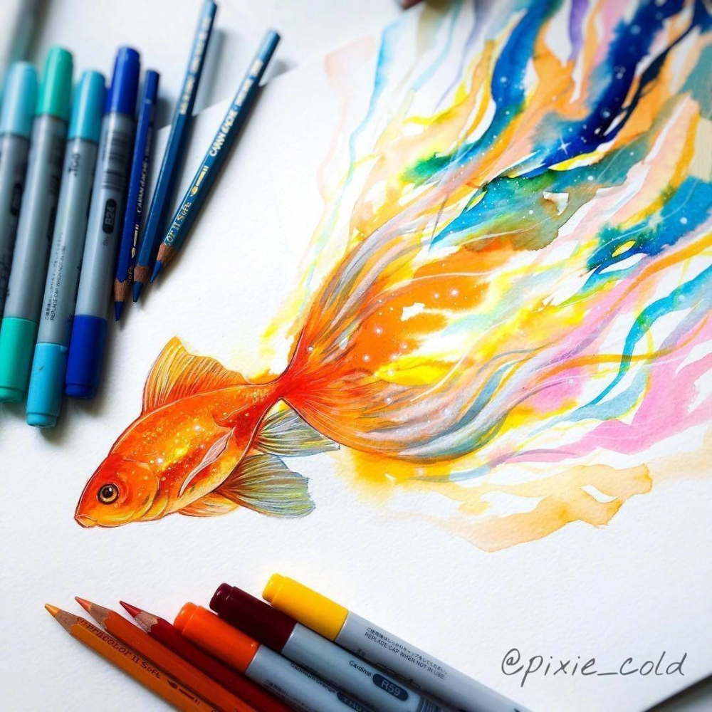 彩绘水彩创意抽象七彩水墨金鱼纹身手稿