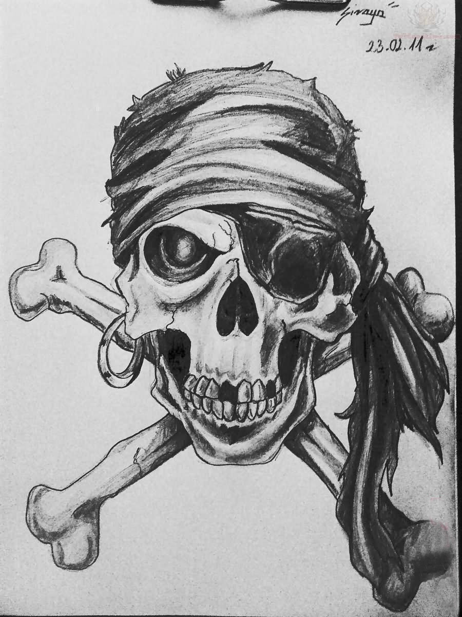 黑灰素描创意海盗风格设计骷髅纹身手稿