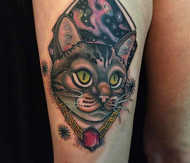 女生大腿上彩绘水彩素描创意可爱猫咪纹身图案