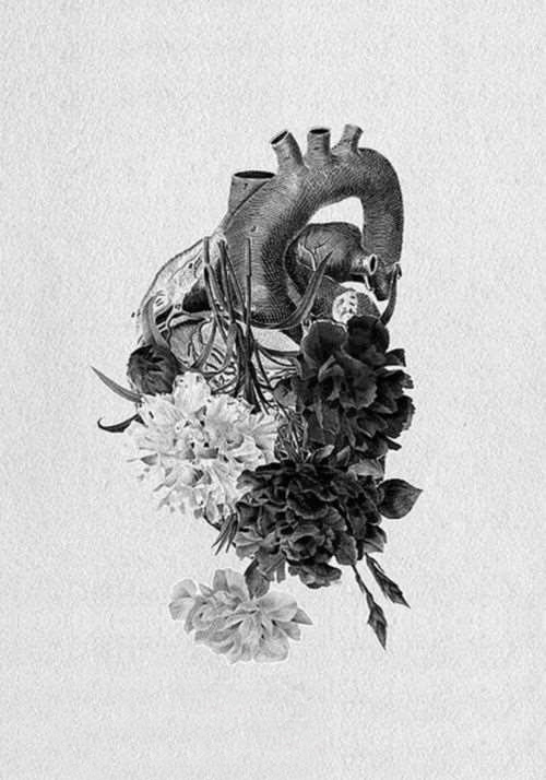 个性的黑色点刺创意植物花朵和心脏纹身手稿