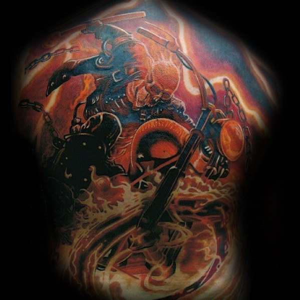 霸气的彩绘抽象线条火焰和幽灵骑士纹身图案