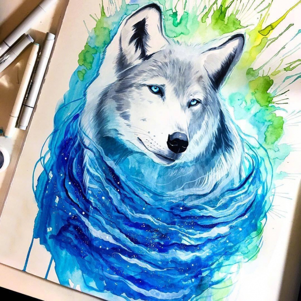 彩绘水彩素描泼墨创意狼头纹身手稿