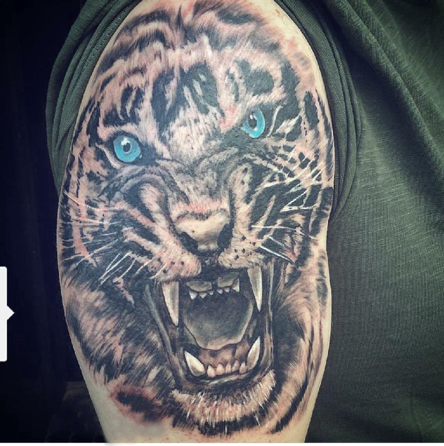 男生手臂上黑灰素描创意霸气老虎头纹身图片