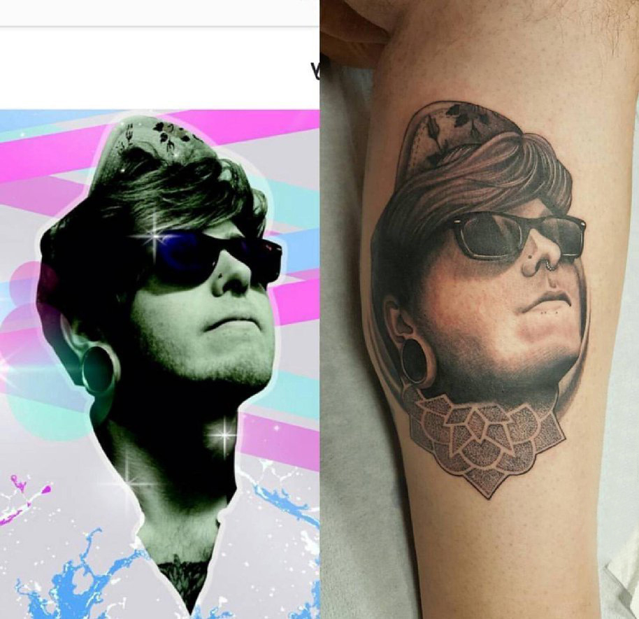 男生手臂上黑灰素描创意男生人物肖像纹身图片
