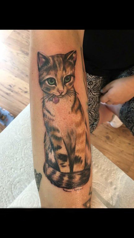 女生手臂黑灰素描可爱站立小猫纹身图案