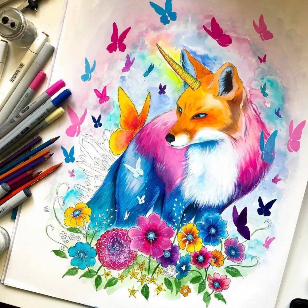 彩绘水彩七彩泼墨创意唯美浪漫可爱狐狸纹身手稿