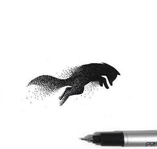 创意的黑色点刺抽象线条小动物轮廓狐狸纹身手稿