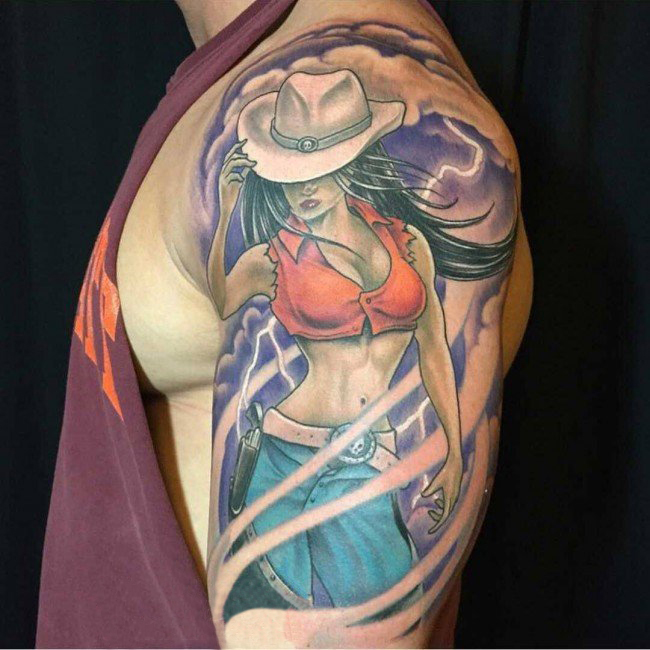 男生手臂上彩绘水彩素描创意女生人物纹身图片