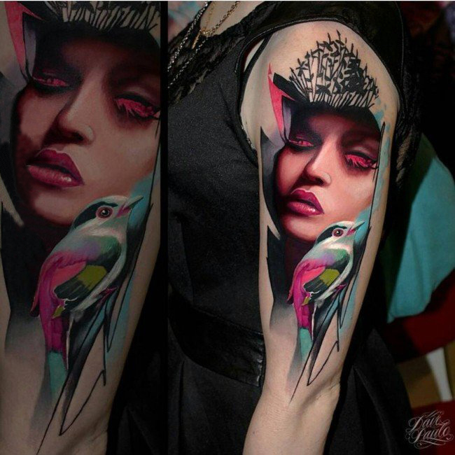女生手臂上彩绘水彩素描创意女生人物精美纹身图片