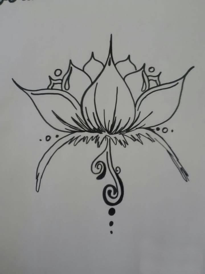 唯美的黑色简单线条创意植物花朵莲花纹身手稿