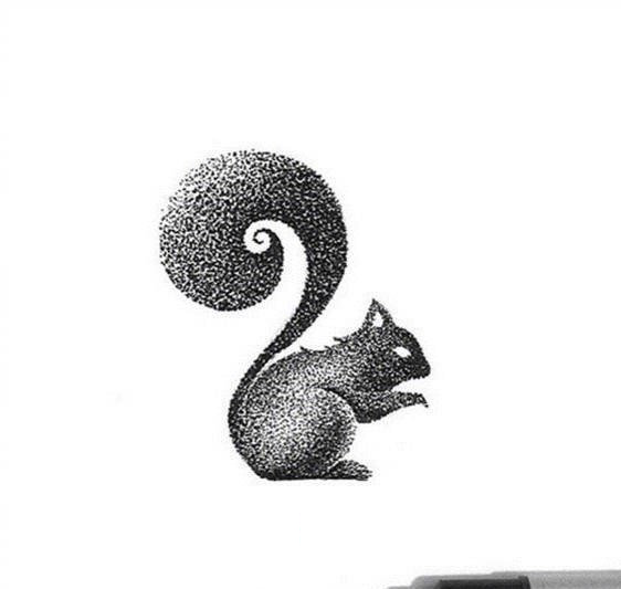 黑灰素描点刺技巧创意可爱松鼠纹身手稿