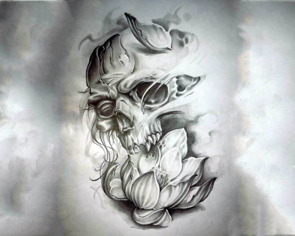 黑灰素描唯美莲花骷髅创意霸气精致纹身手稿