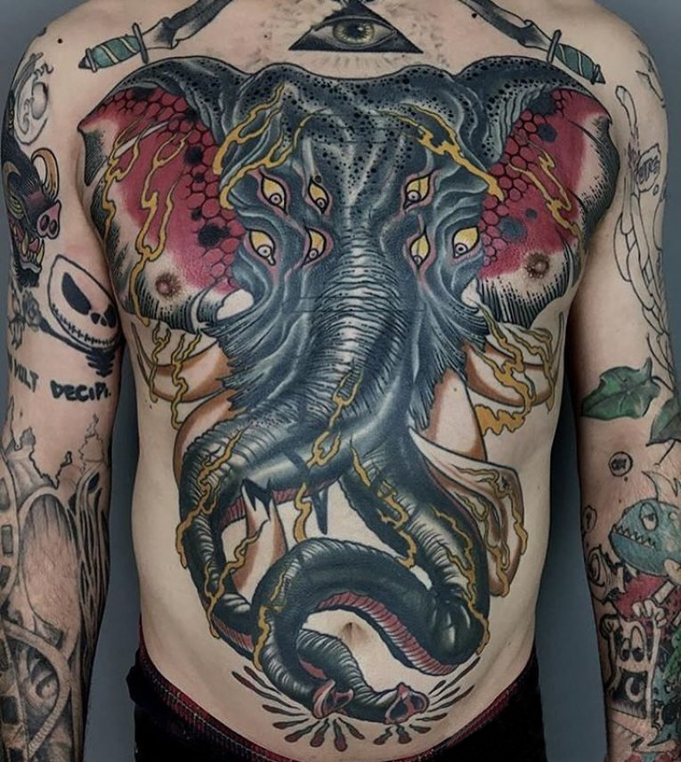 男生腹部彩绘水彩创意大象大面积纹身图片