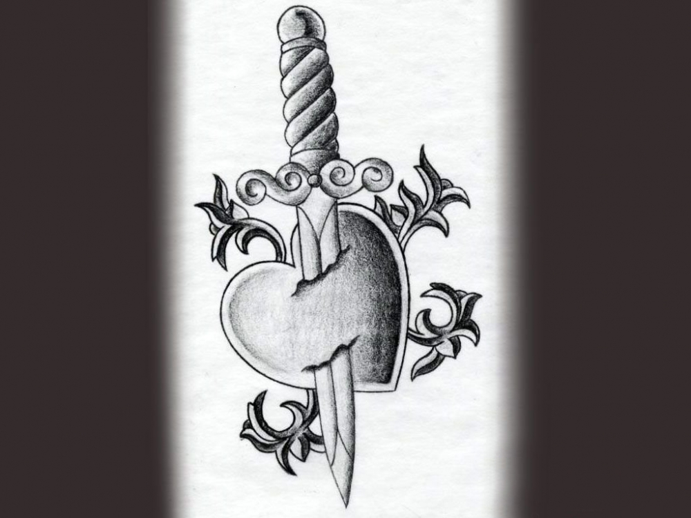 黑灰素描点刺技巧创意心形匕首纹身手稿