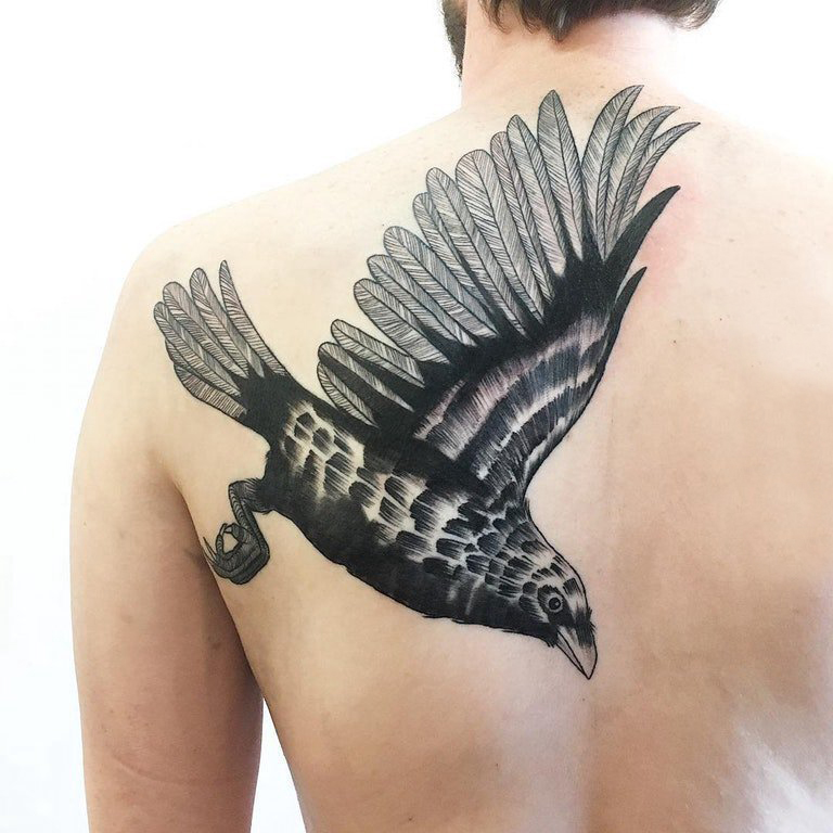 男生后背上黑色点刺简单线条小动物老鹰纹身图片