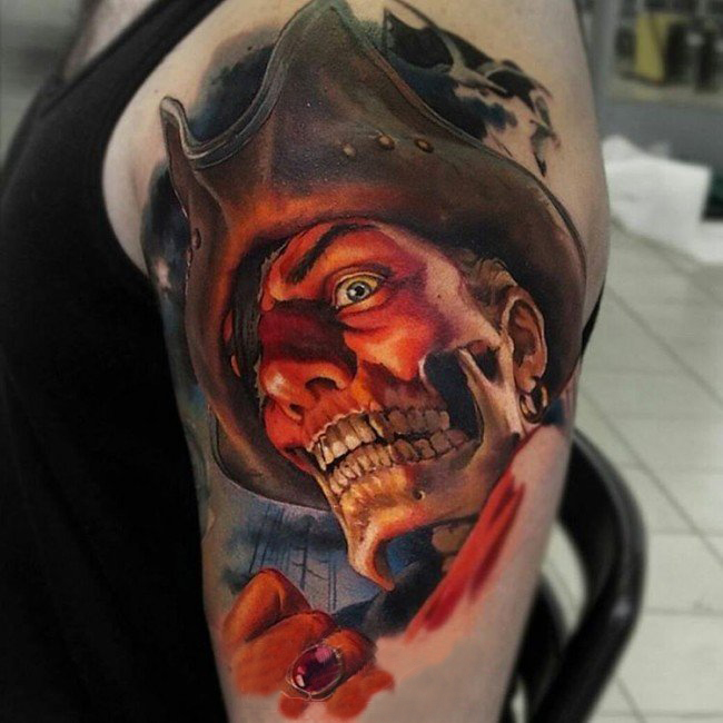 男生手臂上彩绘水彩素描创意恐怖男生人物纹身图片
