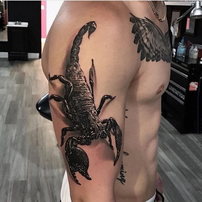 男生手臂上黑灰素描点刺技巧创意蝎子3d纹身图片
