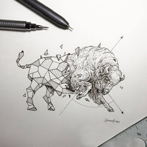 创意十足的黑色点刺几何简单线条小动物牛纹身手稿