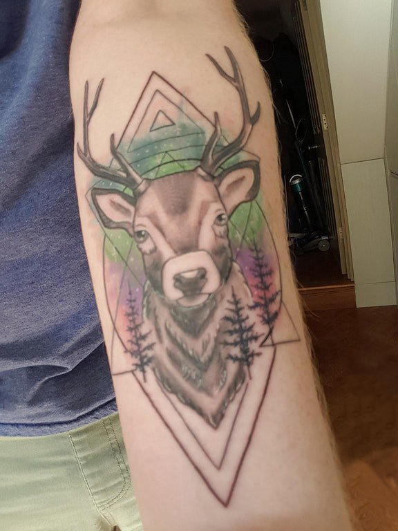 男生手臂上彩绘渐变几何线条创意小动物鹿纹身图片
