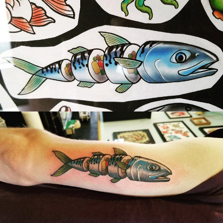 女生手臂上彩绘水彩素描创意有趣设计感十足鱼纹身图片