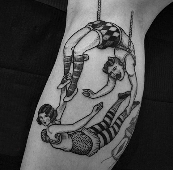 精彩纷呈的黑色点刺简单线条创意马戏团纹身图案