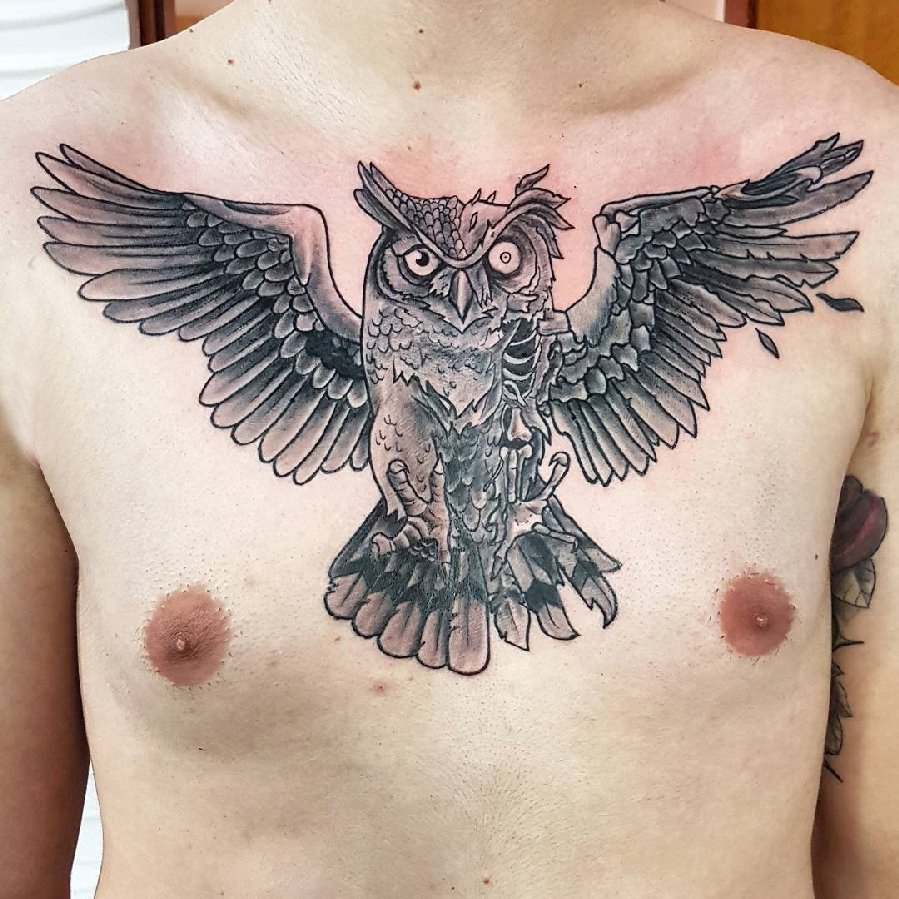 男生胸部黑色点刺简单线条个性小动物猫头鹰纹身图