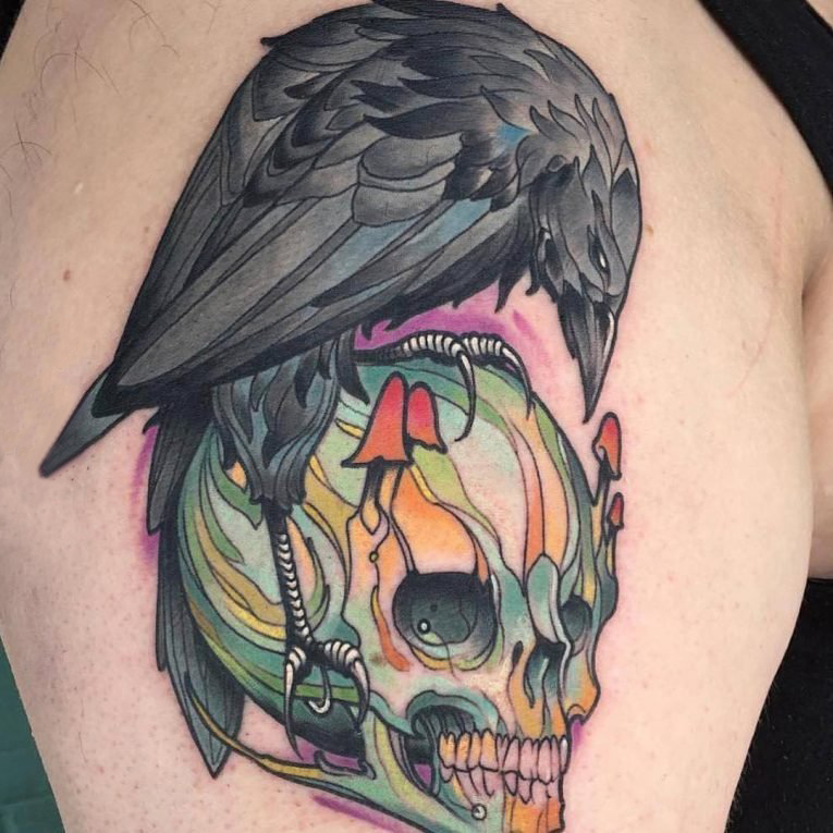 男生手臂上彩绘水彩素描创意恐怖骷髅霸气老鹰纹身图片