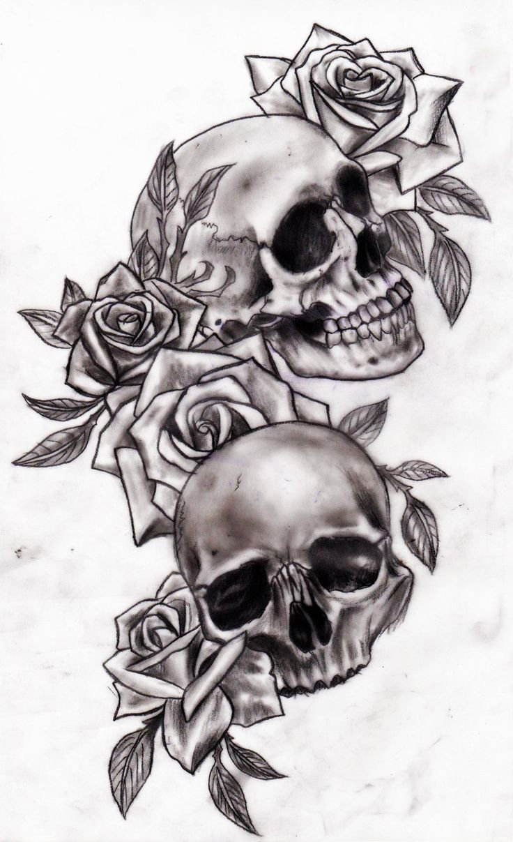 黑灰素描描绘的创意骷髅唯美花朵纹身手稿