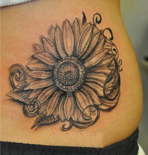 女生背部黑灰素描点刺技巧创意唯美向日葵纹身图片