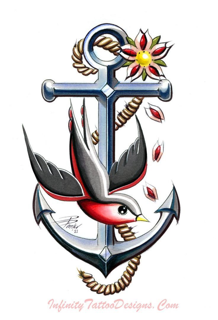 彩绘水彩素描创意海军风船锚可爱小鸟纹身手稿