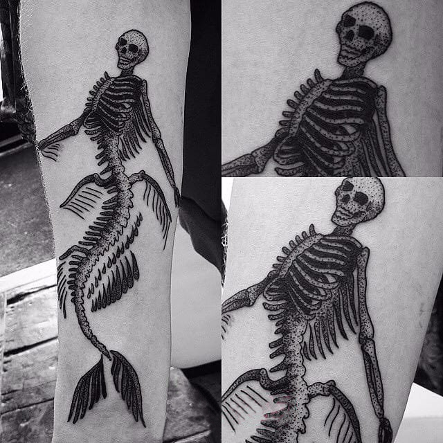 多款黑灰素描点刺技巧创意霸气设计感十足的骷髅美人鱼纹身图案