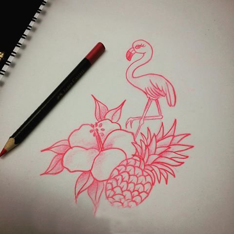 粉红色素描唯美玫瑰可爱菠萝动物鹤纹身手稿