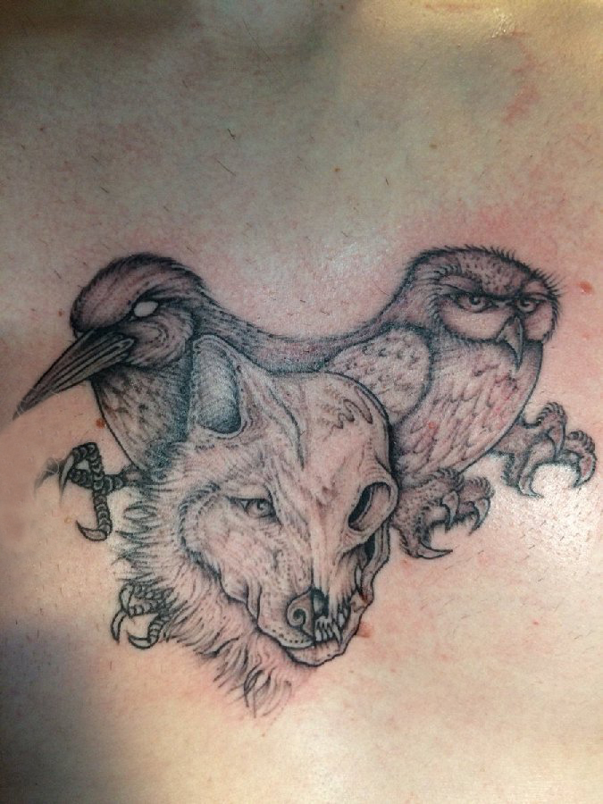 男生胸部黑灰点刺简单线条小动物鸟和狼纹身图片