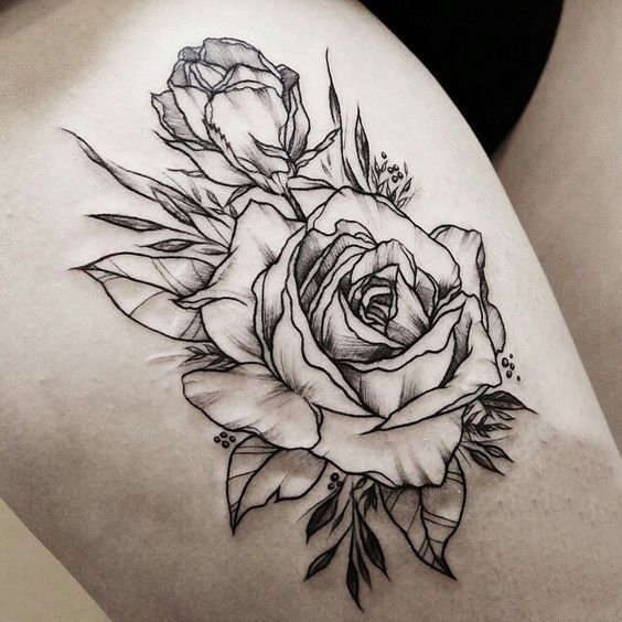 女生大腿上黑灰素描点刺技巧创意唯美花朵3d纹身图片