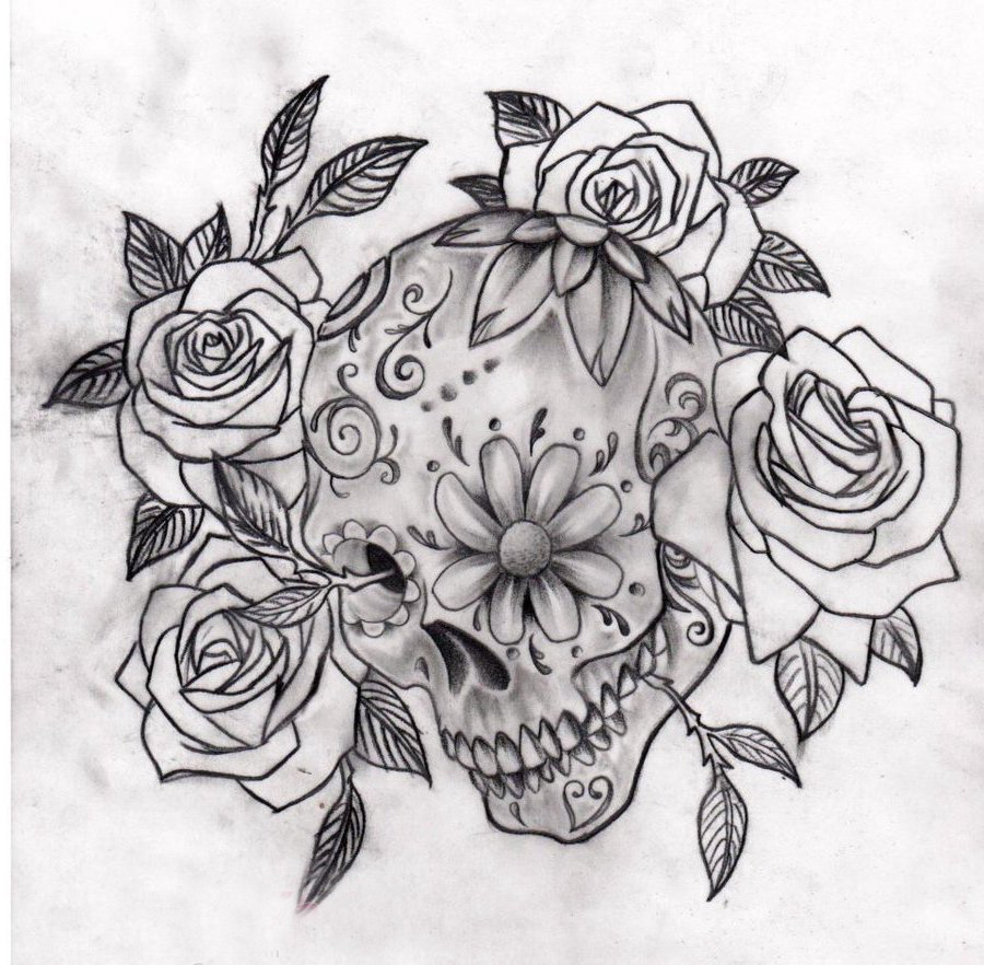 黑灰素描创意恐怖骷髅唯美花朵创意纹身手稿