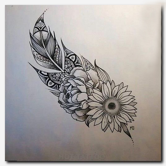 黑灰素描描绘的创意唯美花朵羽毛纹身手稿