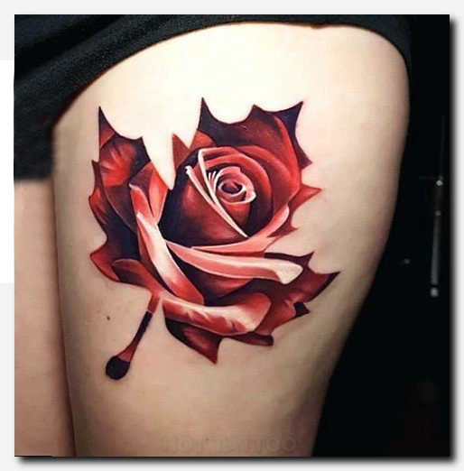 女生大腿上彩绘水彩素描创意文艺枫叶玫瑰纹身图片