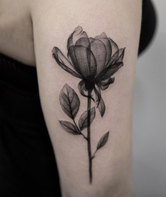 女生手臂上黑灰素描点刺技巧创意文艺唯美花朵纹身图片