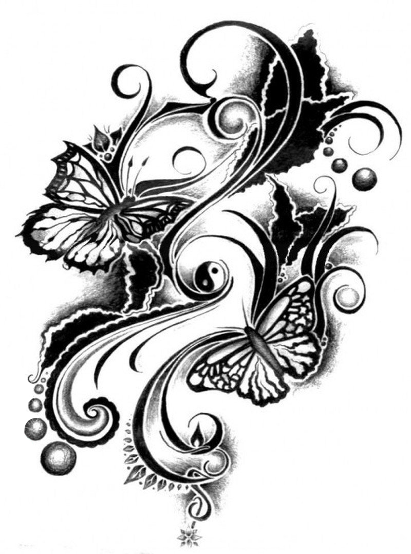 黑灰素描创意文艺唯美精致蝴蝶纹身手稿