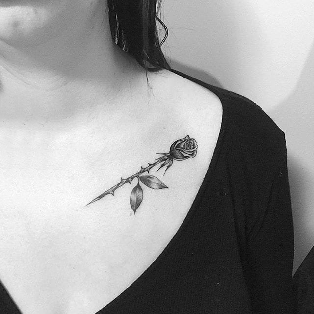 香气扑鼻的黑色点刺简单线条小清新植物玫瑰纹身图案