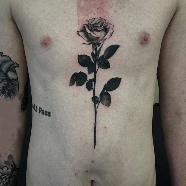 香气扑鼻的黑色点刺简单线条小清新植物玫瑰纹身图案
