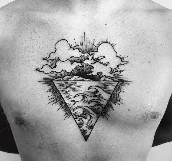男生胸口上黑灰素描点刺技巧创意浪花纹身图片
