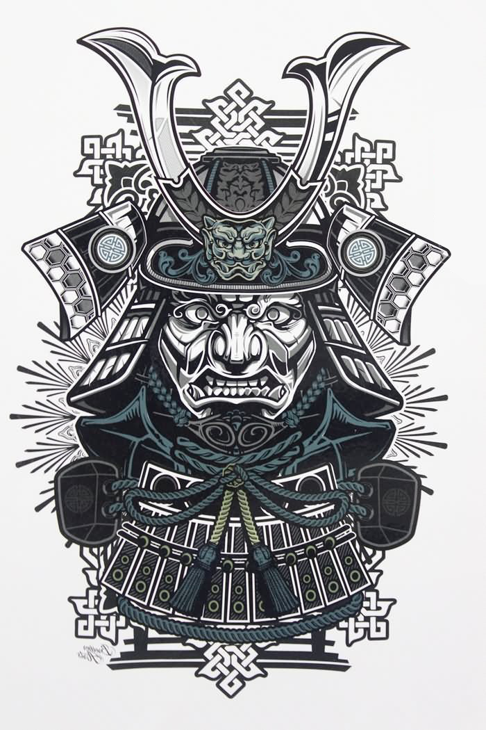 多款黑灰素描点刺技巧创意霸气武士和龙纹身手稿